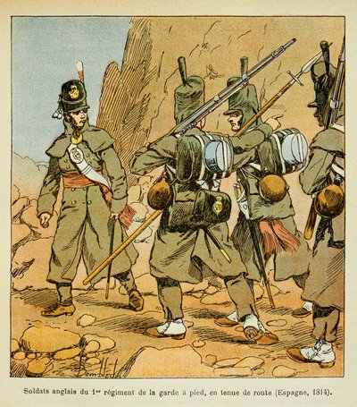 Illustrasjon av bombet Louis (1862-1927) fra boken "The Memorial of Saint Helene" av grev Emmanuel de Las Cases (1766-1842): Engelske soldater fra 1st regiment of the Guard in a roadstand (Spania 1814), Privat samling av Louis Charles Bombled