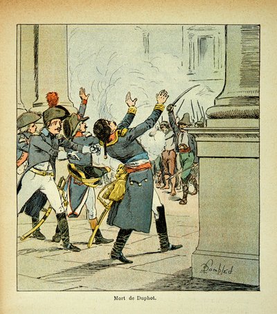 Illustrasjon av bombet Louis (1862-1927) fra boken "The Memorial of Saint Helene" av grev Emmanuel de Las Cases (1766-1842): Attentat på general Leonard Duphot (1769-1797) i Roma i 1797, privat samling av Louis Charles Bombled
