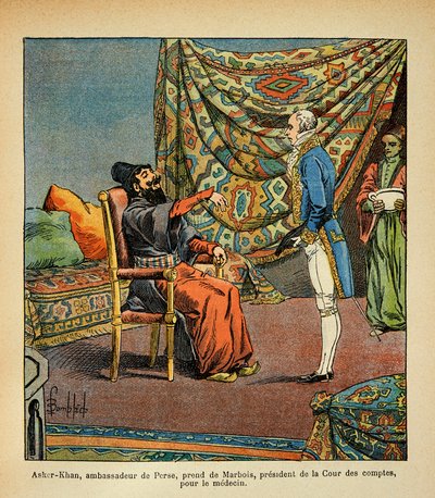 Bombed Louis (1862-1927) av Francois Barbe-Marbois, den persiske ambassadøren, Asker - Khan, på besøk i Paris (Beard Marbois) (1745-1837), president av Louis Charles Bombled