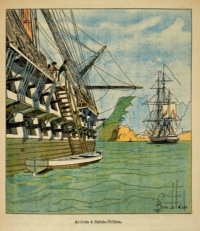 Illustrasjon av bombet Louis (1862-1927) fra boken "The Memorial of Saint Helene" av grev Emmanuel de Las Cases (1766-1842): Ankomst av Napoleon til Sainte Helene 15. oktober av Louis Charles Bombled
