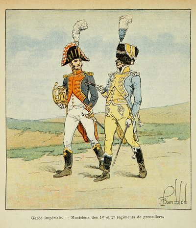 Illustrasjon av bombet Louis (1862-1927) fra boken "The Memorial of Saint Helene" av grev Emmanuel de Las Cases (1766-1842): Imperial Guard: Musicians of the 1st and 2nd regiments of grenadiers, Private Collection av Louis Charles Bombled