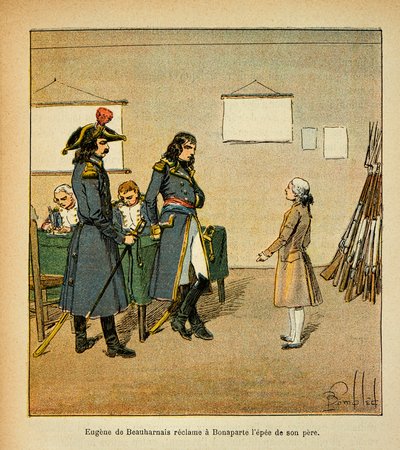 Illustrasjon av bombet Louis (1862-1927) fra boken "The Memorial of Saint Helene" av grev Emmanuel de Las Cases (1766-1842): Eugene de Beauharnais (1781-1824) gjør krav på sverdet til sin far i Bonaparte, privat samling av Louis Charles Bombled