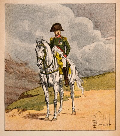 Illustrasjon av bombet Louis (1862-1927) fra boken "The Memorial of Saint Helene" av grev Emmanuel de Las Cases (1766-1842): Equestrian Portrait of Emperor Napoleon 1.er, Private Collection av Louis Charles Bombled