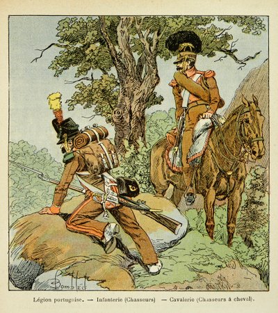 Illustrasjon av bombet Louis (1862-1927) fra boken "The Memorial of Saint Helene" av grev Emmanuel de Las Cases (1766-1842): Portugisisk legion: infanteri (jegere) og kavaleri (jegere til hest), privat samling av Louis Charles Bombled