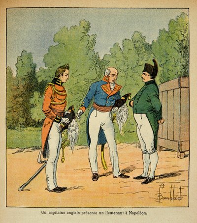 Illustrasjon av bombet Louis (1862-1927) fra boken "The Memorial of Saint Helene" av grev Emmanuel de Las Cases (1766-1842): Til St. Helene, en engelsk kaptein presenterte en løytnant for keiser Napoleon, privat samling av Louis Charles Bombled