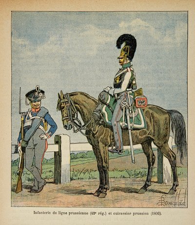 Illustrasjon av bombet Louis (1862-1927) fra boken "The Memorial of Saint Helene" av grev Emmanuel de Las Cases (1766-1842): Infanteri av den prøyssiske linjen (42, eme regiment) og prøyssiske slagskip av Louis Charles Bombled