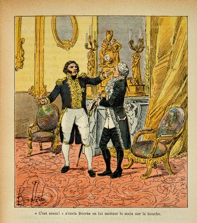 Illustrasjon av bombet Louis (1862-1927) fra boken "The Memorial of Saint Helene" av grev Emmanuel de Las Cases (1766-1842): Talleyrand (1754-1838) vendt mot Denis Decres (1761-1820) Privat samling av Louis Charles Bombled