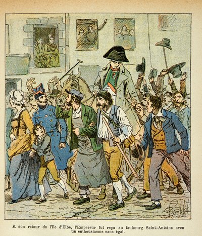 Illustrasjon av bombet Louis (1862-1927) fra boken "The Memorial of Saint Helene" av grev Emmanuel de Las Cases (1766-1842): Da han kom tilbake fra Elba, ble keiseren mottatt i faubourg Saint Antoine med enestående entusiasme, Spesiell Collec av Louis Charles Bombled
