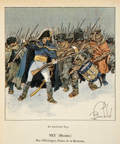 Illustrasjon av bombet Louis (1862-1927) fra boken "The Memorial of St. Helene" av grev Emmanuel de Las Cases (1766-1842): Portrett av marechal Michel Ney (1769-1815), hertug av Elchingen, prins av Moskova , under Russlands retrett, Private Collec av Louis Charles Bombled