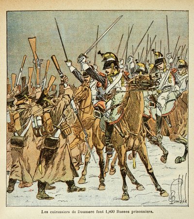 Illustrasjon av bombet Louis (1862-1927) fra boken "The Memorial of St. Helene" av grev Emmanuel de Las Cases (1766-1842): Oberst Doumeres 9. regiment av slagskip tok 1800 russere til fange under det russiske felttoget, Privat samling av Louis Charles Bombled