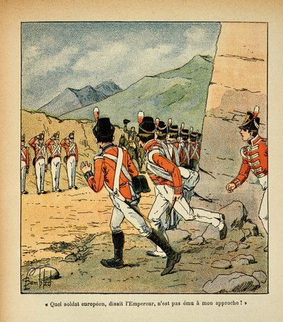 Illustrasjon av bombet Louis (1862-1927) fra boken "The Memorial of St. Helene" av grev Emmanuel de Las Cases (1766-1842): Keiser Napoleon hilser ved garnisonen til St. Helene, privat samling av Louis Charles Bombled