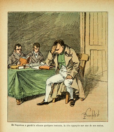 Illustrasjon av bombet Louis (1862-1927) fra boken "The memorial se Sainte Helene" av grev Emmanuel de Las Cases (1766-1842): Keiser Napoleon mediterer i reaksjonen til minnesmerkene hans, Privat samling av Louis Charles Bombled