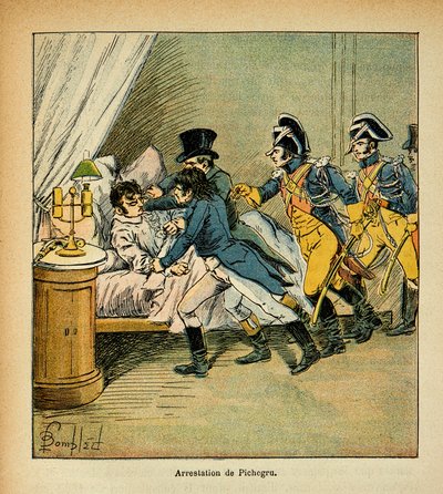 Illustrasjon av bombet Louis (1862-1927) fra boken "The memorial se Sainte Helene" av grev Emmanuel de Las Cases (1766-1842): Arrestasjon av Jean Charles Pichegru (1761-1804) 28. februar 1804, privat samling av Louis Charles Bombled