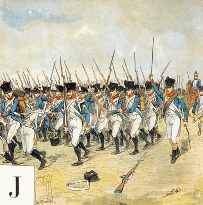 Bokstav J: Ung vakt, "Je serai soldat" (Jeg vil være en soldat) - Militært alfabet av Louis Charles Bombled