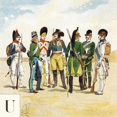 Bokstav U: Uniformer fra den franske hæren, "Je serai soldat" (Jeg vil være en soldat) - Militært alfabet av Louis Charles Bombled