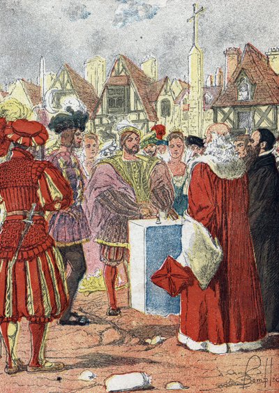 Posering av kongen av Frankrike Francois I av den første steinen til Hotel de Ville de paris tegnet av den italienske arkitekten Boccador av Louis Charles Bombled