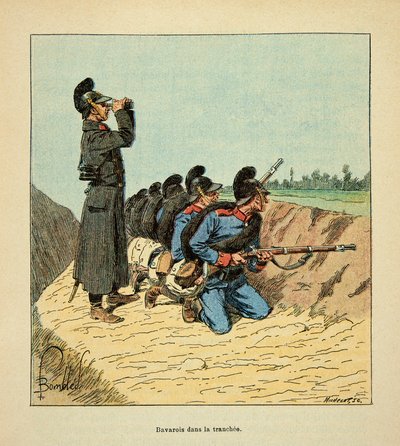 The Armee of the Loire av Eugene Sergeant, kjent som Grenest, illustrert av Louis Bombled (1862-1927) (fransk-tyske krig; kampanje 1870 -1871): Bayersk militær i en skyttergrav i 1870, privat samling av Louis Charles Bombled