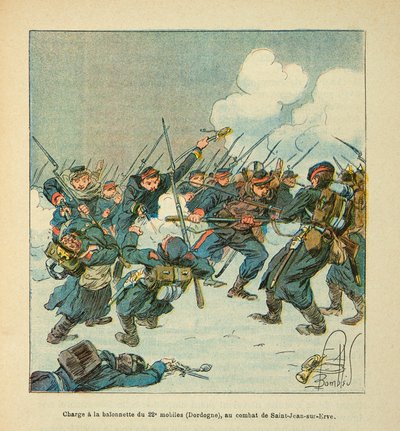 The Armee of the Loire av Eugene Sergeant, kjent som Grenest, illustrert av Louis Bombled (1862-1927) (den fransk-tyske krigen; kampanje 1870 -1871): ladning til baionetten til den 22. mobilen (Dordogne) i slaget ved Saint Jean sur Evre i januar 1871, P av Louis Charles Bombled