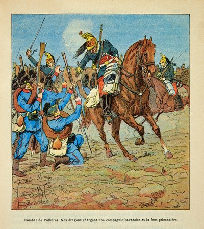 The Armee of the Loire av Eugene Sergent, kjent som Grenest, illustrert av Louis Bombled (1862-1927) (fransk-tyske krig; kampanje 1870 -1871): Slaget ved Vallieres i november 1870 anklager franske drager et bayersk selskap og gjør it-fange, menig C av Louis Charles Bombled