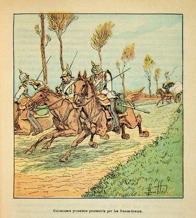 The Armee of the Loire av Eugene Sergent, kjent som Grenest, illustrert av Louis Bombled (1862-1927) (fransk-tyske krig; kampanje 1870 -1871): prøyssiske kuirassier forfulgt av freisistene i oktober 1870, privat samling av Louis Charles Bombled