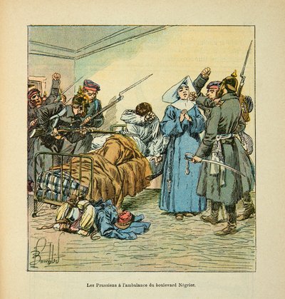 The Armee of the Loire av Eugene Sergent, kjent som Grenest, illustrert av Louis Bombled (1862-1927) (fransk-tyske krig; kampanje 1870 -1871): Prøyssere ved ambulansen til Boulevard Negrier au Mans i januar 1871, privat samling av Louis Charles Bombled