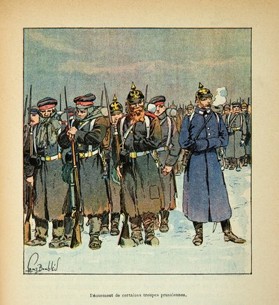 The Armee of the Loire av Eugene Sergent, kjent som Grenest, illustrert av Louis Bombled (1862-1927) (fransk-tyske krig; kampanje 1870 -1871): Denuering av noen prøyssiske tropper i 1870, privat samling av Louis Charles Bombled
