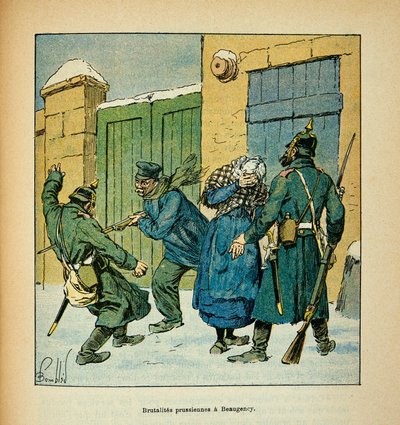 The Armee of the Loire av Eugene Sergent, kjent som Grenest, illustrert av Louis Bombled (1862-1927) (fransk-tyske krig; kampanje 1870-1871): I Beaugency forsvarer innbyggerne seg mot de prøyssiske brutalitetene i desember 1870, privat Collec av Louis Charles Bombled