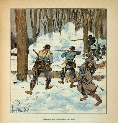 The Armee of the Loire av Eugene Sergent, kjent som Grenest, illustrert av Louis Bombled (1862-1927) (fransk-tyske krig; kampanje 1870 -1871): Francs-skyttere fransk jagerfly under tre, privat samling av Louis Charles Bombled
