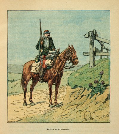 The Armee of the Loire av Eugene Sergent, kjent som Grenest, illustrert av Louis Bombled (1862-1927) (fransk-tyske krig; kampanje 1870 -1871): Star of the 6th Hussards, engasjert under slaget ved Toury i oktober 1870 , Privat samling av Louis Charles Bombled