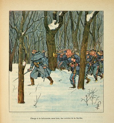 The Armee of the Loire av Eugene Sergent, kjent som Grenest, illustrert av Louis Bombled (1862-1927) (fransk-tyske krig; kampanje 1870 -1871): Slaget ved Le Mans i januar 1871, lastet mobiltelefonene til Sarthe , Privat samling av Louis Charles Bombled