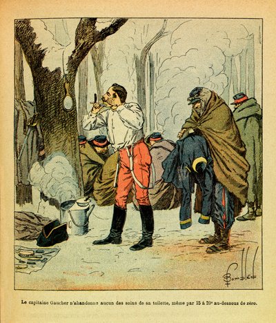 The Eastern Armee of Eugene Sergeant, dit Grenest, illustrert av Louis Bombled (1862-1927) (fransk-tyske krig; kampanje 1870-1871): Kaptein Gaucher gir ikke opp noe av omsorgen for toalettet sitt selv midt i vinter, Privat samling av Louis Charles Bombled