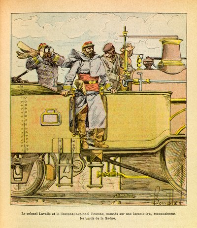 The Eastern Armee of Eugene Sergeant, dit Grenest, illustrert av Louis Bombled (1862-1927) (fransk-tyske krig; kampanje 1870-1871): I desember 1870 anerkjente oberst Lavalle og oberstløytnant Bramas montert på et lokomotiv bredden av Saone av Louis Charles Bombled