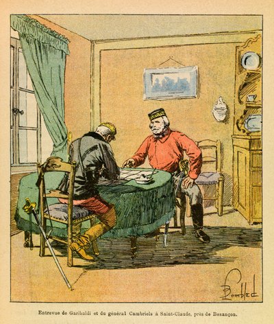 The Eastern Armee of Eugene Sergeant, dit Grenest, illustrert av Louis Bombled (1862-1927) (fransk-tyske krig; kampanje 1870-1871): Intervju av Garibaldi og general Cambriels ved Saint Claude nær Besancon i oktober 1870, privat samling av Louis Charles Bombled