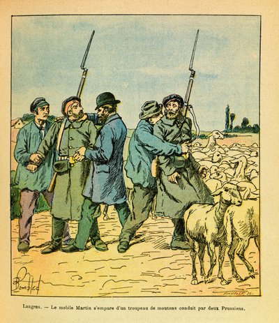 The Eastern Armee of Eugene Sergeant, dit Grenest, illustrert av Louis Bombled (1862-1927) (fransk-tyske krig; kampanje 1870 -1871): Martin-mobilen, forkledd som en bonde, grep en saueflokk ledet av to prøyssere til Langres i november 1870, Priv av Louis Charles Bombled