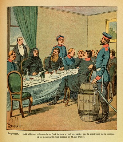 The Eastern Armee of Eugene Sergeant, dit Grenest, illustrert av Louis Bombled (1862-1927) (fransk-tyske krig; kampanje 1870 -1871): I Rougemont ble de tyske offiserene gitt før de dro, av elskerinnen i huset der de er loger, en sum av Louis Charles Bombled