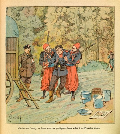 The Eastern Armee of Eugene Sergeant, dit Grenest, illustrert av Louis Bombled (1862-1927) (fransk-tyske krig; kampanje 1870 -1871): Slaget ved Cussey, oktober 1870, to zouaver gir omsorg til en såret prøysser, samling delvis av Louis Charles Bombled