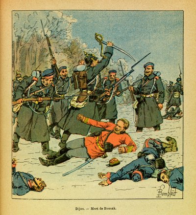 The Eastern Armee of Eugene Sergeant, dit Grenest, illustrert av Louis Bombled (1862-1927) (fransk-tyske krig; kampanje 1870-1871): General Bossak-Haukes død på stedet kjent som "La Cap" av Louis Charles Bombled