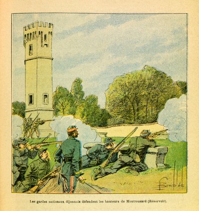 The Eastern Armee of Eugene Sergeant, dit Grenest, illustrert av Louis Bombled (1862-1927) (fransk-tyske krig; kampanje 1870 -1871): Forsvar av Dijon i oktober 1870, Dijonnais nasjonalgarde forsvarer Montmusards høyder, menig Samling av Louis Charles Bombled