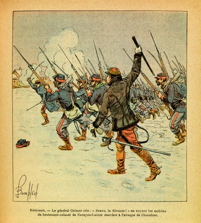 The Eastern Armee of Eugene Sergeant, kjent som Grenest, illustrert av Louis Bombled (1862-1927) (fransk-tyske krig; kampanje 1870 -1871): Januar 1871, Hericourt, roper general Cremer "Bravo, La Gironde" når han ser motivene til oberstløytnant av Louis Charles Bombled