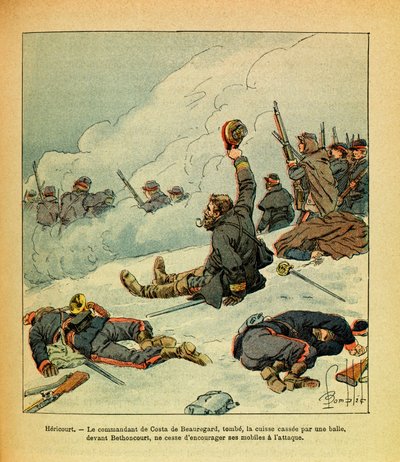 The Eastern Armee of Eugene Sergeant, kjent som Grenest, illustrert av Louis Bombled (1862-1927) (fransk-tyske krig; kampanje 1870 -1871): Januar 1871, Hericourt, sjefen for Costa de Beauregard-faller låret knekker med en kule foran Bet av Louis Charles Bombled