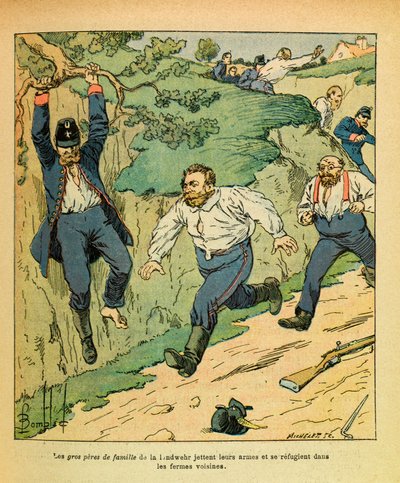 The Eastern Army of Eugene Sergeant, illustrert av Louis Bombled (1862-1927) (fransk-tyske krig; kampanje 1870 -1871): Tyske tropper som flykter fra Chatillon på Seinen før Ricciotti Garibaldis tropper i november 1870, privat samling av Louis Charles Bombled