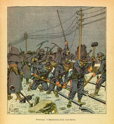 The Eastern Armee of Eugene Sergeant, kjent som Grenest, illustrert av Louis Bombled (1862-1927) (fransk-tyske krig; kampanje 1870 -1871): Fontenoy, ødeleggelse av jernbanen, privat samling av Louis Charles Bombled