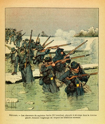 The Eastern Armee of Eugene Sergeant, kjent som Grenest, illustrert av Louis Bombled (1862-1927) (fransk-tyske krig; kampanje 1870 -1871): Januar 1871, Hericourt, jegerne til kaptein Sarda dykker halvkropp i isen Lisaine, hold lenge fiende av Louis Charles Bombled