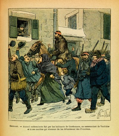 The Eastern Armee of Eugene Sergeant, kjent som Grenest, illustrert av Louis Bombled (1862-1927) (fransk-tyske krig; kampanje 1870 -1871): januar 1871, Hericourt, entusiasme gjort av innbyggerne i Couthenans, til sjefen for Vaulchier og hans m av Louis Charles Bombled