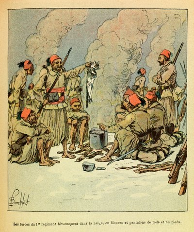 The Eastern Armee of Eugene Sergeant, kjent som Grenest, illustrert av Louis Bombled (1862-1927) (fransk-tyske krig; kampanje 1870 -1871): januar 1871, Turcos fra 1. regiment bivuaent i snøen, i bluser og bukser av lerret og bare fee av Louis Charles Bombled