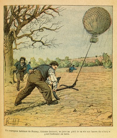 The Eastern Armee of Eugene Sergeant, kjent som Grenest, illustrert av Louis Bombled (1862-1927) (fransk-tyske krig; kampanje 1870 -1871): Battle of Nights Saint Georges; bønder prøver å holde en observasjonsballong, privat samling av Louis Charles Bombled