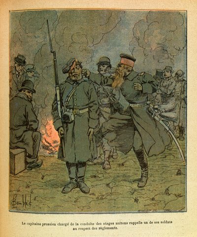 The Eastern Armee of Eugene Sergeant, kjent som Grenest, illustrert av Louis Bombled (1862-1927) (fransk-tyske krig; kampanje 1870-1871): En prøyssisk kaptein med ansvar for oppførselen til gislene til Nuits Saint Georges minner om en av hans soldater i ca av Louis Charles Bombled