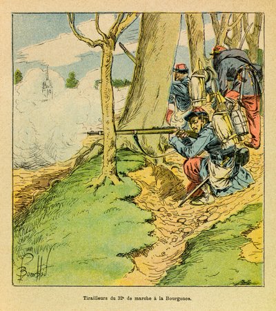The Eastern Armee of Eugene Sergeant, kjent som Grenest, illustrert av Louis Bombled (1862-1927) (fransk-tyske krig; kampanje 1870-1871): Under ordre fra general Dupre, en skomaker av den 32. mars i slaget ved La Bourgonce i oktober 1870, Priva av Louis Charles Bombled