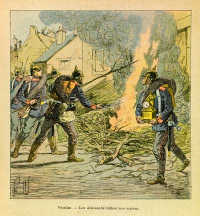 The Eastern Armee of Eugene Sergeant, kjent som Grenest, illustrert av Louis Bombled (1862-1927) (fransk-tyske krig; kampanje 1870-1871): I Vezelise brenner prøysserne et hus, privat samling etter å ha invadert byen. av Louis Charles Bombled