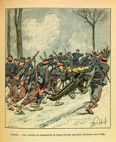 The Eastern Armee of Eugene Sergeant, kjent som Grenest, illustrert av Louis Bombled (1862-1927) (fransk-tyske krig; kampanje 1870-1871): Desember 1870, under slaget ved Longeau, reddet motivene til sjefen for Regel en kanon under fiendtlig gran av Louis Charles Bombled